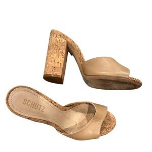 SCHUTZ Tan Beige Neutral Nude Sandals with Cork Block Heel 8